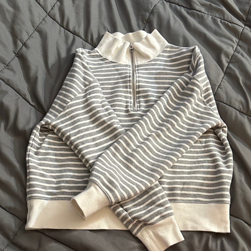 J. Crew Gray and Cream Striped Turtleneck Sweater